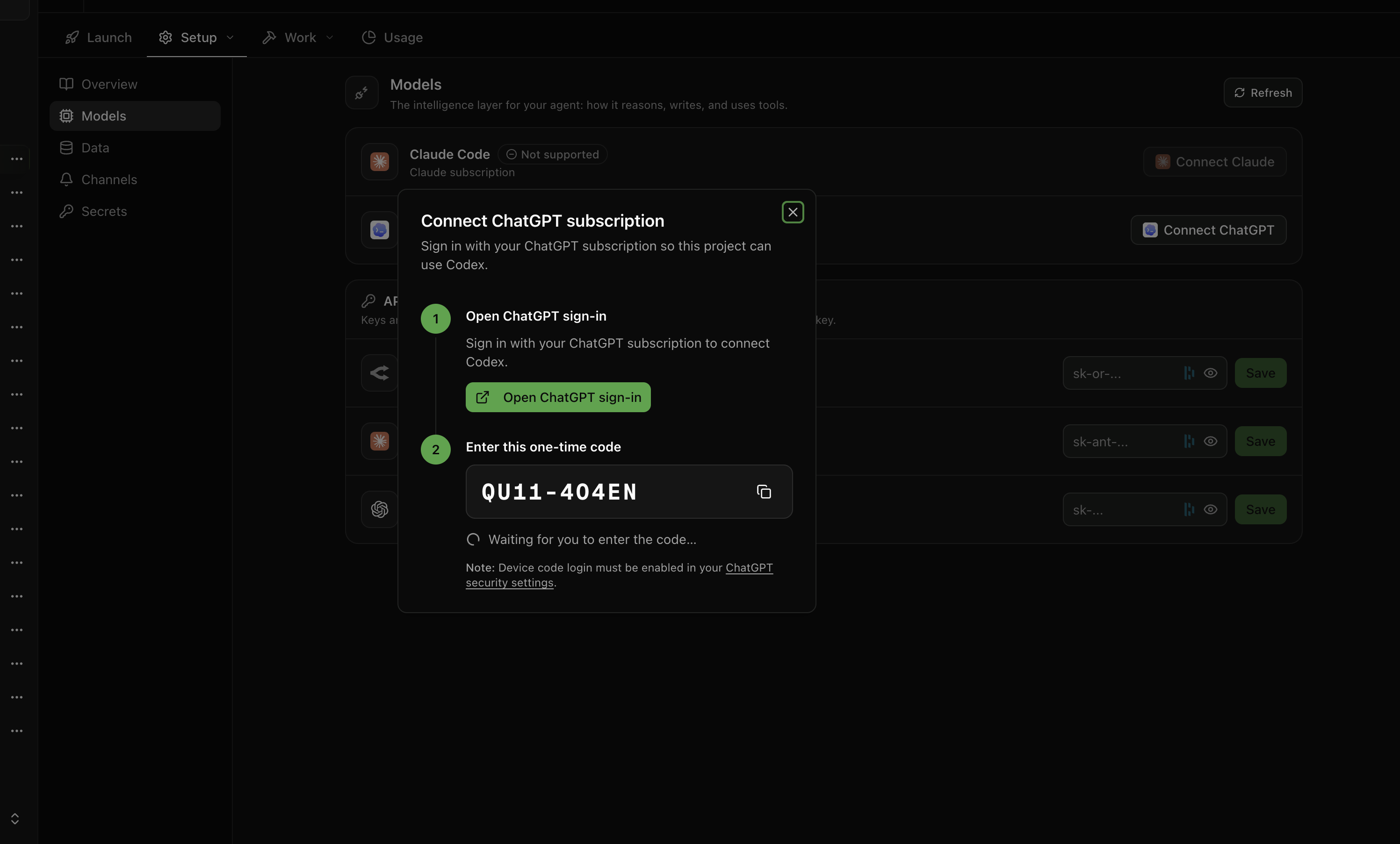 Connecting a Claude subscription in the project's model setup