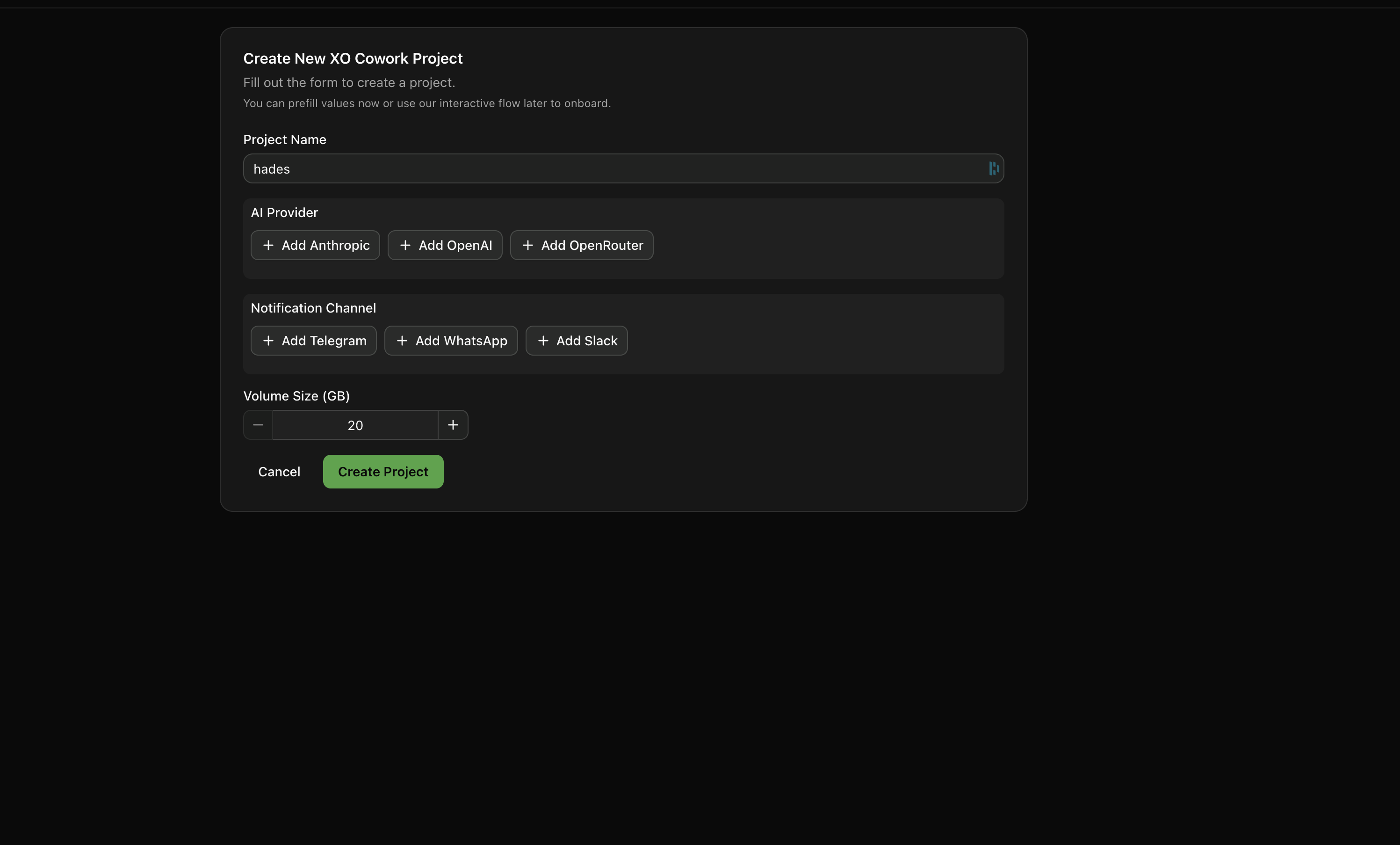 The XO create project form: name, AI provider, notification channel