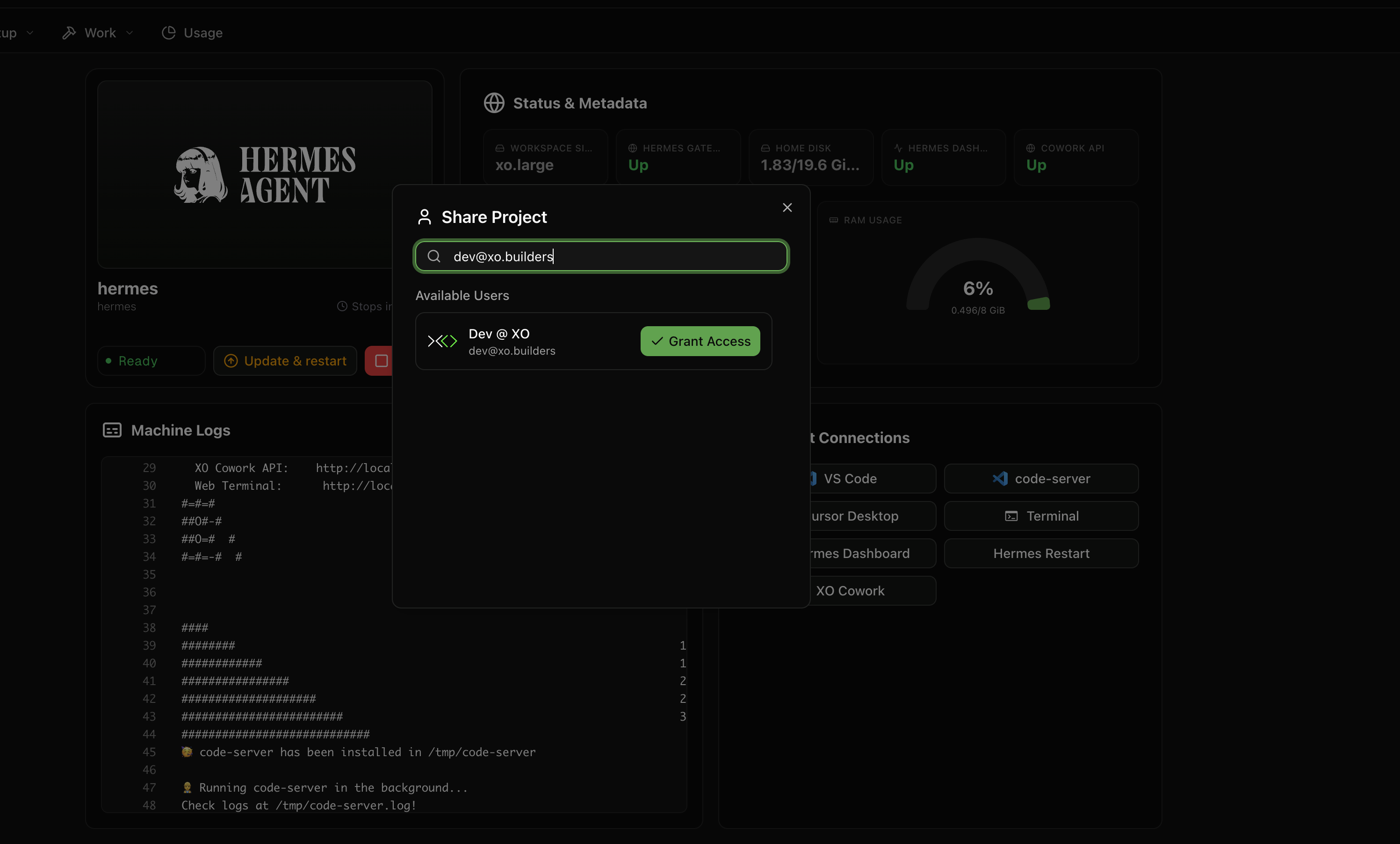 The share project dialog granting access to a teammate